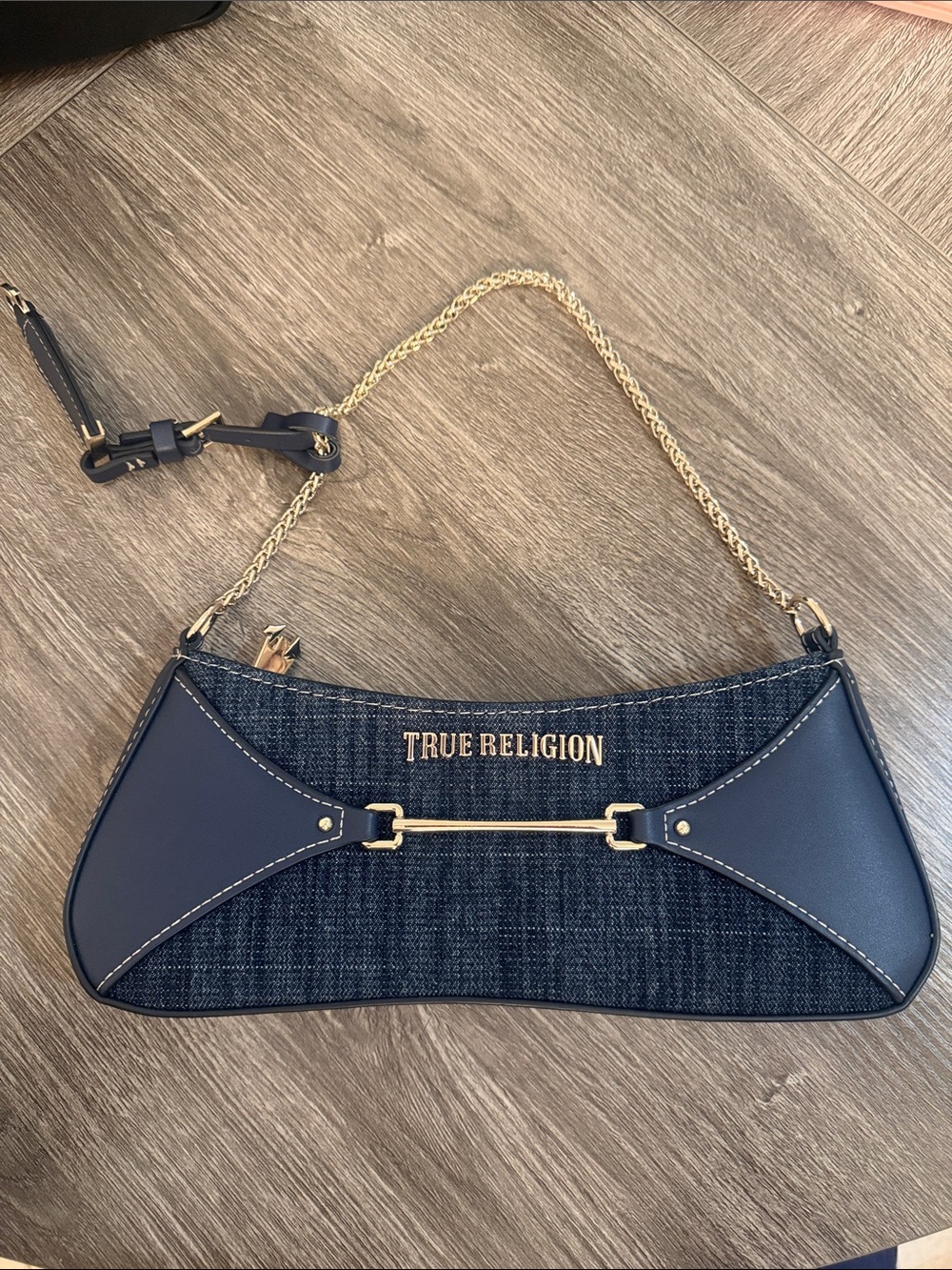 True Religion Dark Blue Denim and Navy Shoulder Bag with Gold Hardware